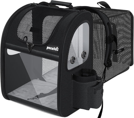 Pet Carrier Backpack Expandable, Portable Breathable Rucksack with Mesh Opening-Visible Acrylic-Safety Belt-Pockets, Extendable Back More Space Great for Carrying Puppy Cats (Black)